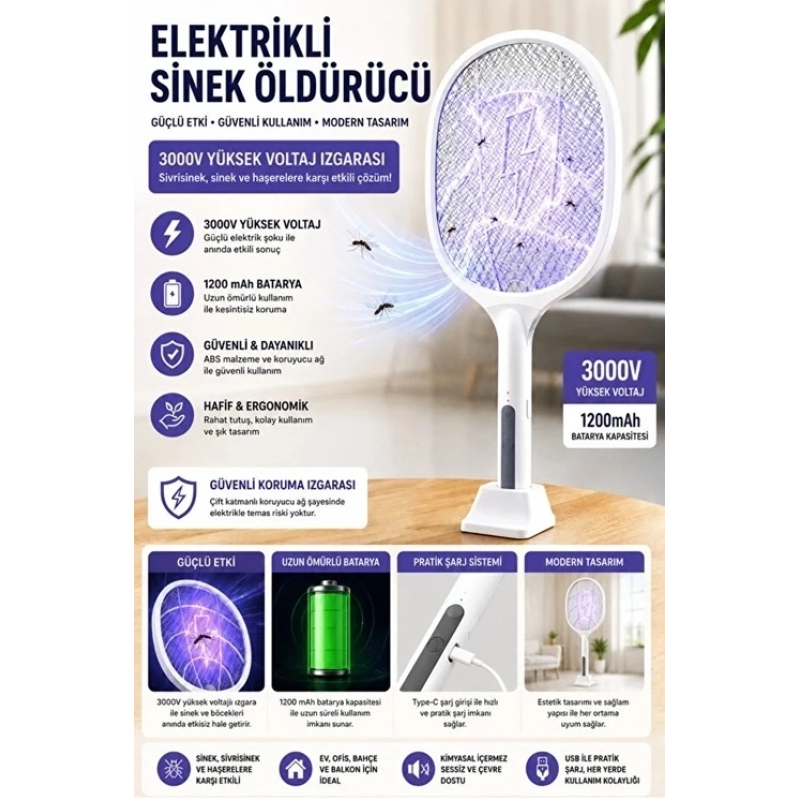 Şarjlı Sinek Öldürücü Sivrisinek Raketi Elektrikli Karasinek Haşere Kovucu Mor Işıklı Sineklik Aleti Şarjlı Sinek Öldürücü Sivrisinek Raketi Elektrikli Karasinek Haşere Kovucu Mor Işıklı Sineklik Aleti