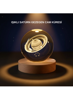 Satürn Desenli Kristal Küre Led Gece Lambası Ahşap Standlı
