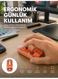 Şeffaf Kablosuz Mouse Bluetooth Bağlantılı Sessiz Tıklama Yeni Nesil