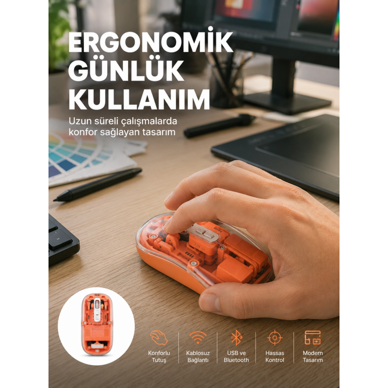 Şeffaf Kablosuz Mouse Bluetooth Bağlantılı Sessiz Tıklama Yeni Nesil Şeffaf Kablosuz Mouse Bluetooth Bağlantılı Sessiz Tıklama Yeni Nesil