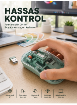 Şeffaf Tasarımlı Bluetooth Kablosuz Mouse Pilli Kullanım Yeni Nesil