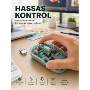 Şeffaf Tasarımlı Bluetooth Kablosuz Mouse Pilli Kullanım Yeni Nesil
