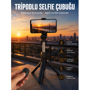 Selfie Çubuğu Tripod Kumandalı Telefon Tutucu Siyah