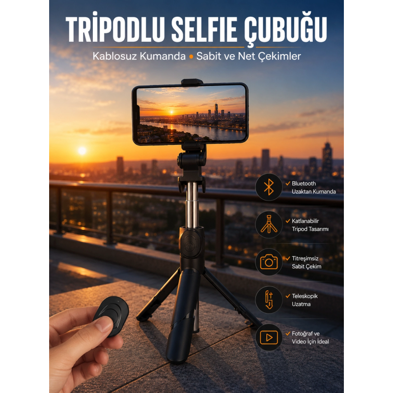 Selfie Çubuğu Tripod Kumandalı Telefon Tutucu Siyah Selfie Çubuğu Tripod Kumandalı Telefon Tutucu Siyah