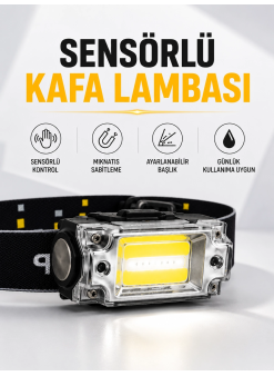 Sensör Kontrollü Şarjlı Beyaz Led Kafa Lambası Ve El Feneri