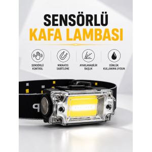 Sensör Kontrollü Şarjlı Beyaz Led Kafa Lambası Ve El Feneri