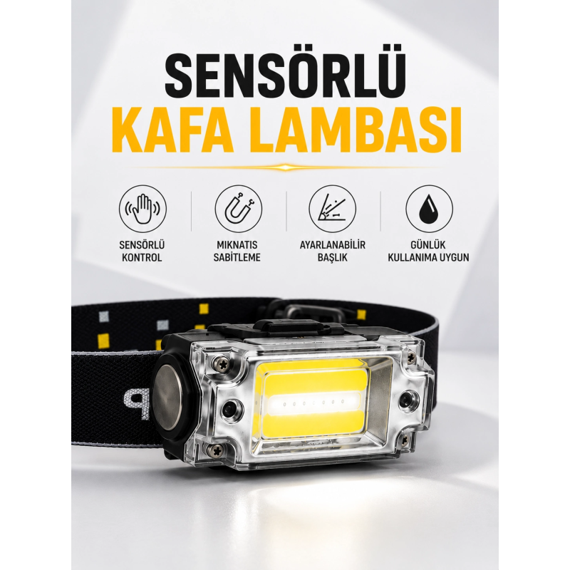 Sensör Kontrollü Şarjlı Beyaz Led Kafa Lambası Ve El Feneri Sensör Kontrollü Şarjlı Beyaz Led Kafa Lambası Ve El Feneri