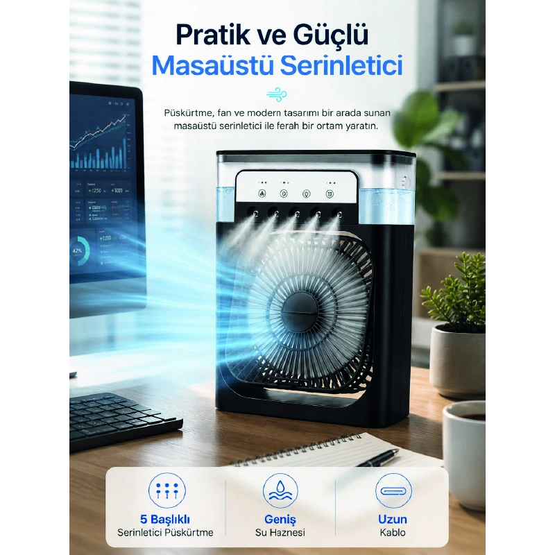 Serinletici Fan Type-c Bağlantı, Zamanlayıcı, 7 Renk Ambiyans Işığı Serinletici Fan Type-c Bağlantı, Zamanlayıcı, 7 Renk Ambiyans Işığı