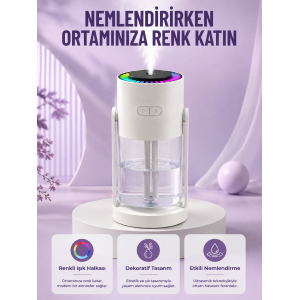 Sessiz Hava Nemlendirici Renkli Gece Işıklı Otomatik Kapanma Özellikli Nemlendirme Cihazı