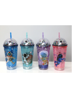 Sevimli Astronot Işıklı Pipetli Pullu Suluk & Bardak 400 Ml Alk3148