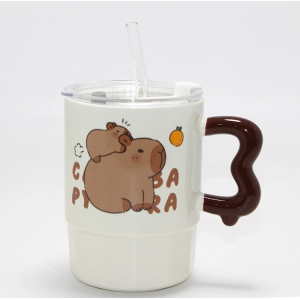 Sevimli Capybara Figürlü Kapaklı Porselen Kupa Bardak Alk5040