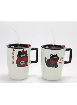 Sevimli Şaşkın Kedi Figürlü Pipetli Kapaklı Porselen Kupa Bardak Alk5042