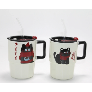 Sevimli Şaşkın Kedi Figürlü Pipetli Kapaklı Porselen Kupa Bardak Alk5042