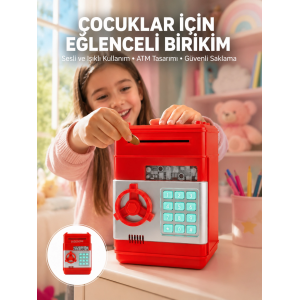 Şifreli Kırmızı Atm Tasarımlı Çelik Kasa Görünümlü Kumbara