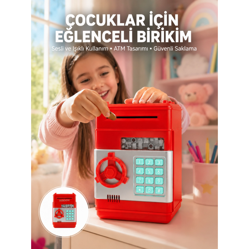 Şifreli Kırmızı Atm Tasarımlı Çelik Kasa Görünümlü Kumbara Şifreli Kırmızı Atm Tasarımlı Çelik Kasa Görünümlü Kumbara