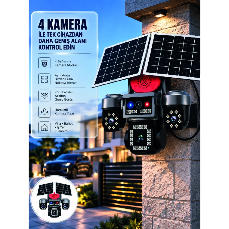 Sım Kart Destekli 4 Kameralı Akıllı Dış Mekan Güvenlik Kamerası Sım Kart Destekli 4 Kameralı Akıllı Dış Mekan Güvenlik Kamerası
