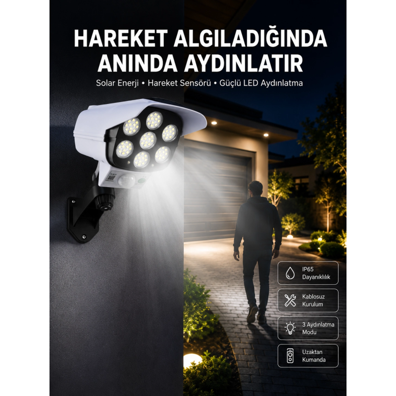 Solar Bahçe Lambası Uzaktan Kumandalı Kamera Görünümlü Hareket Sensörlü Solar Bahçe Lambası Uzaktan Kumandalı Kamera Görünümlü Hareket Sensörlü