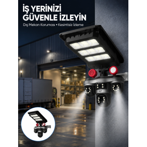 Solar Panelli 3 Lens Dış Mekan Güvenlik Kamerası Hareket Algılamalı Led Aydınlatmalı