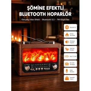 Solar Şarjlı Şömine Işıklı Bluetooth Hoparlör – Radyo, Usb, Tf Kart Destekli