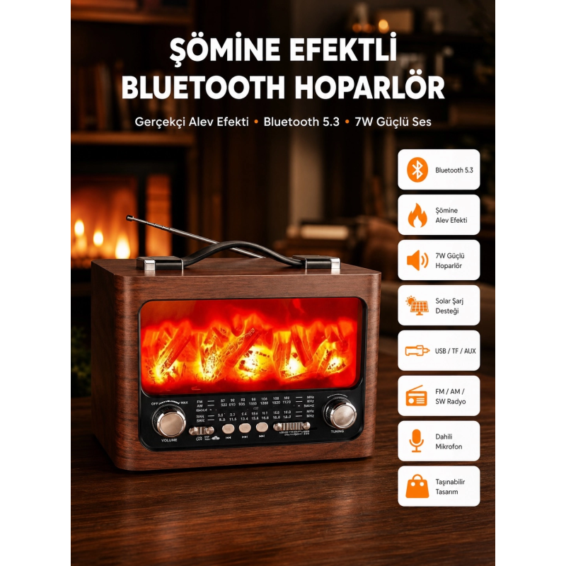 Solar Şarjlı Şömine Işıklı Bluetooth Hoparlör – Radyo, Usb, Tf Kart Destekli Solar Şarjlı Şömine Işıklı Bluetooth Hoparlör – Radyo, Usb, Tf Kart Destekli