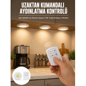 Spot Lamba Led Işık 3lü Uzaktan Kumandalı Pilli Yapışkanlı Kablosuz Yeni Nesil