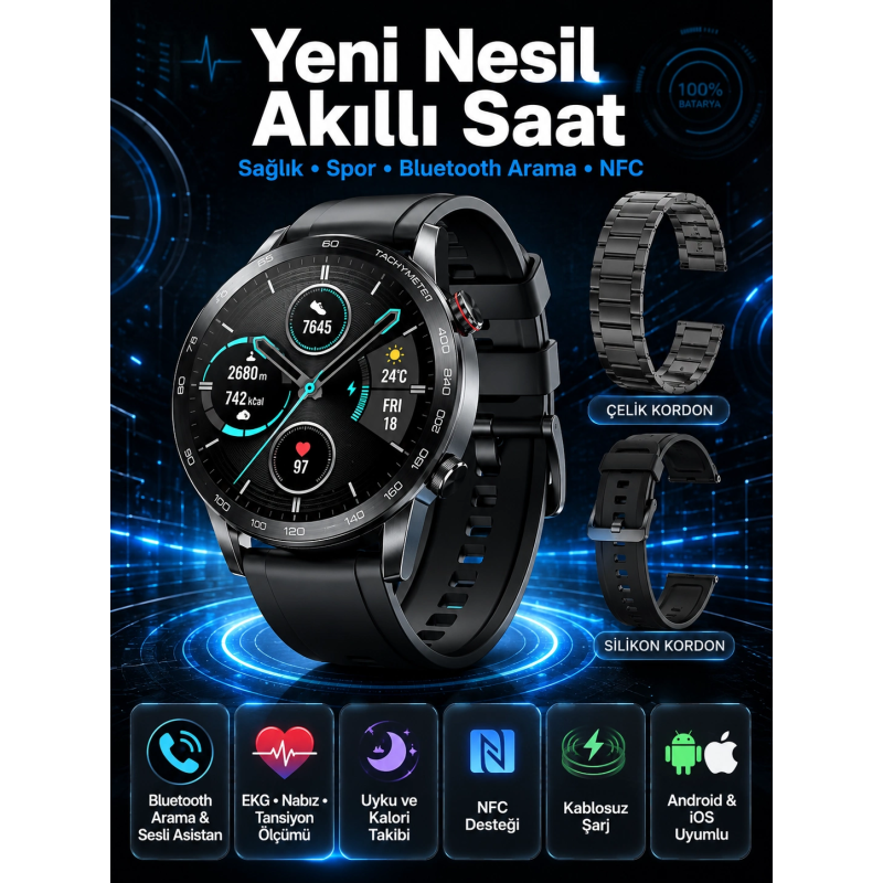 Suya Dayanıklı Dokunmatik Akıllı Saat Bluetooth 5.0, Sesli Asistan Ve Sağlık Takibi Suya Dayanıklı Dokunmatik Akıllı Saat Bluetooth 5.0, Sesli Asistan Ve Sağlık Takibi