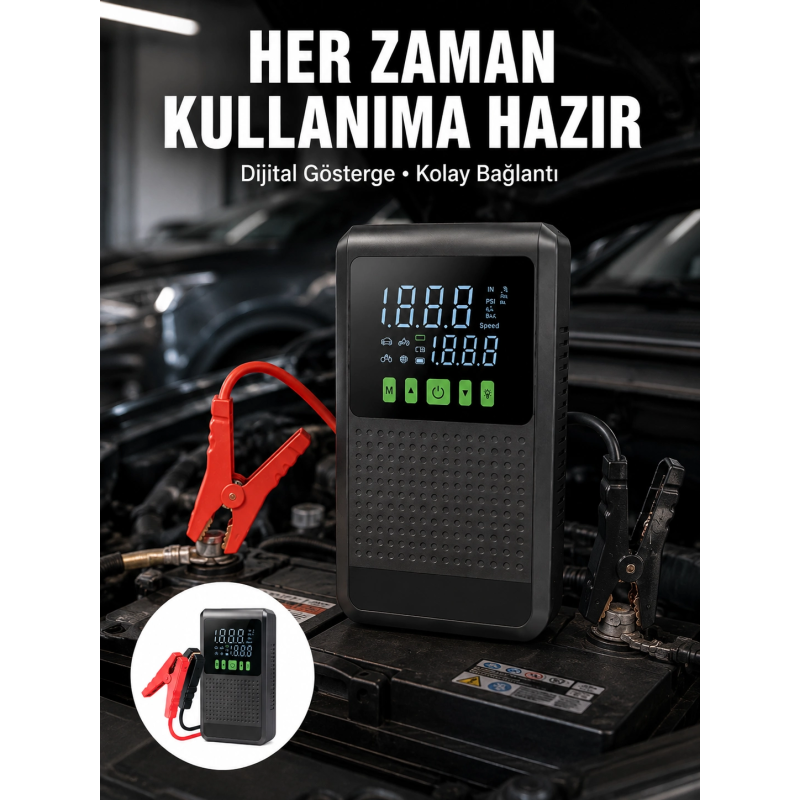 Taşınabilir Araç Akü Şarj Takviye Cihazı 150 Psı Dijital Kompresör Yeni Nesil Taşınabilir Araç Akü Şarj Takviye Cihazı 150 Psı Dijital Kompresör Yeni Nesil