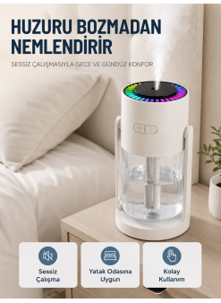 Taşınabilir Hava Nemlendirici Led Işıklı Şeffaf Hazneli Ev Ofis Yatak Odası Nemlendirme Cihazı
