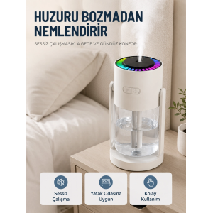 Taşınabilir Hava Nemlendirici Led Işıklı Şeffaf Hazneli Ev Ofis Yatak Odası Nemlendirme Cihazı