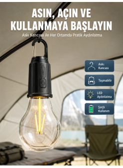 Taşınabilir Şarjlı Led Ampul Askılı Lamba Kamp Bahçe Lambası