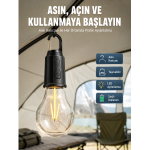 Taşınabilir Şarjlı Led Ampul Askılı Lamba Kamp Bahçe Lambası