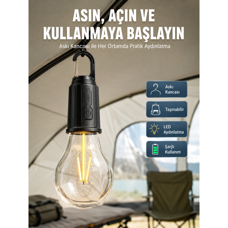 Taşınabilir Şarjlı Led Ampul Askılı Lamba Kamp Bahçe Lambası Taşınabilir Şarjlı Led Ampul Askılı Lamba Kamp Bahçe Lambası
