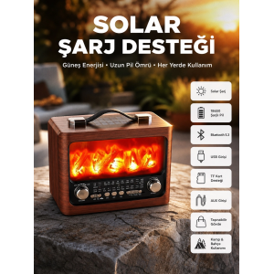 Taşınabilir Şömine Görünümlü Bluetooth Hoparlör – Solar Şarjlı, Alev Işıklı, 7w Ses