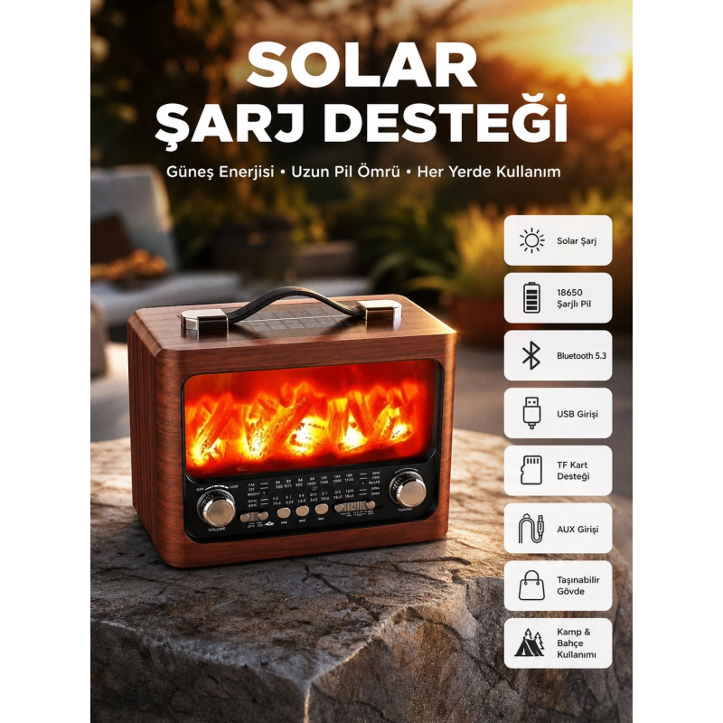 Taşınabilir Şömine Görünümlü Bluetooth Hoparlör – Solar Şarjlı, Alev Işıklı, 7w Ses Taşınabilir Şömine Görünümlü Bluetooth Hoparlör – Solar Şarjlı, Alev Işıklı, 7w Ses