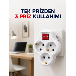 Tek Prizi 3’lü Yapan Anahtarlı Priz Adaptörü Topraklı Priz Çoğaltıcı