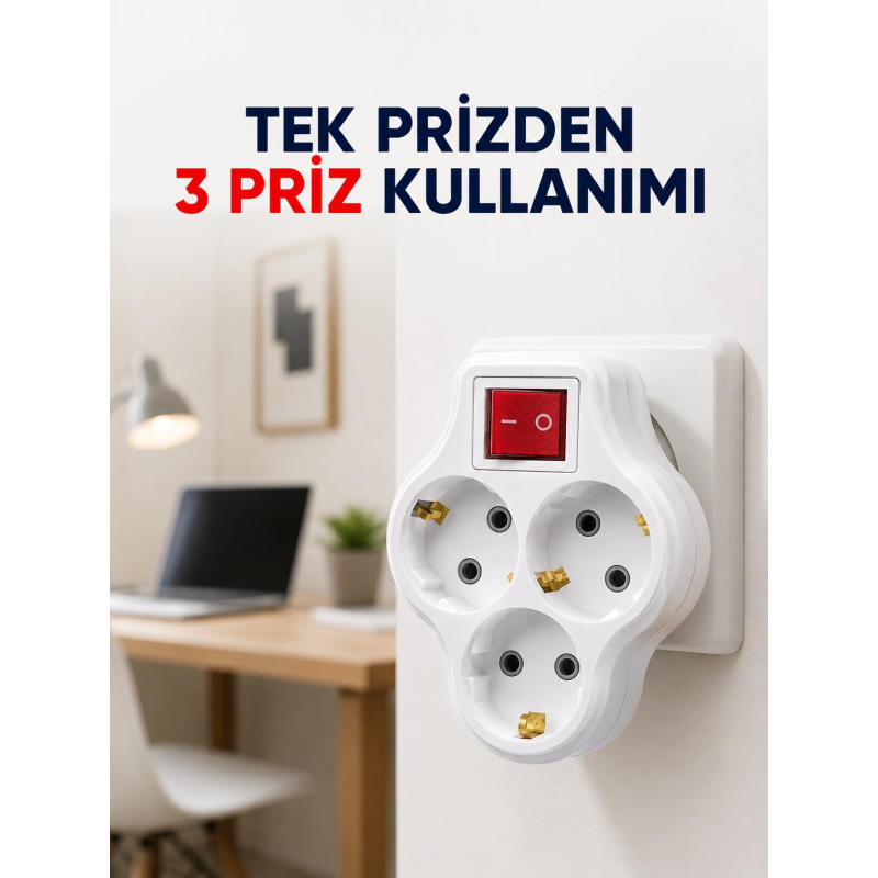 Tek Prizi 3’lü Yapan Anahtarlı Priz Adaptörü Topraklı Priz Çoğaltıcı Tek Prizi 3’lü Yapan Anahtarlı Priz Adaptörü Topraklı Priz Çoğaltıcı