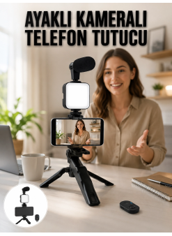 Telefon Tutucu Led Işıklı Kumandalı Mikrofon Telefon Vlog Video Kayıt Yeni Nesil