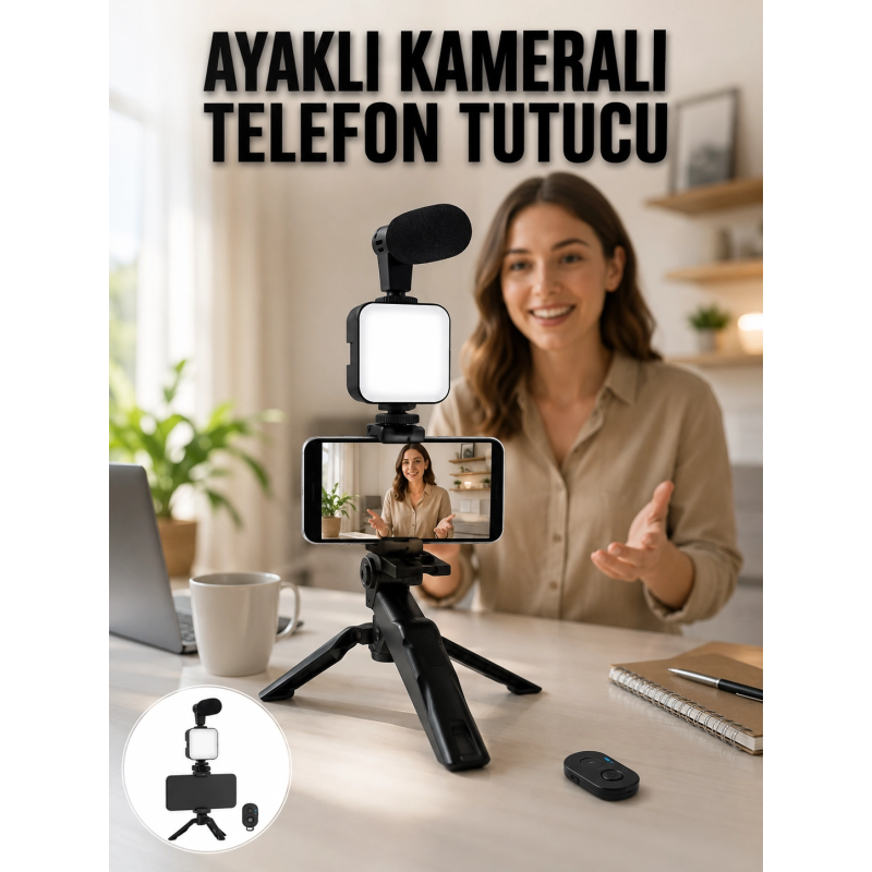 Telefon Tutucu Led Işıklı Kumandalı Mikrofon Telefon Vlog Video Kayıt Yeni Nesil Telefon Tutucu Led Işıklı Kumandalı Mikrofon Telefon Vlog Video Kayıt Yeni Nesil