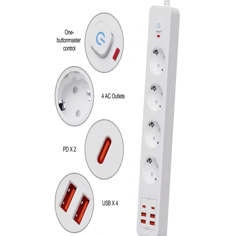 Termal Akım Korumalı 4’lü Priz 4x Usb 2x Type-c Çıkışlı Grup Priz Çoğaltıcı (3500w) Termal Akım Korumalı 4’lü Priz 4x Usb 2x Type-c Çıkışlı Grup Priz Çoğaltıcı (3500w)