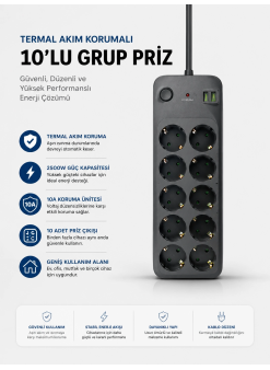 Termal Akım Korumalı Usb Type-c Girişli 10'lu Grup Priz 2500w Güç Kapasitesi (kopya)
