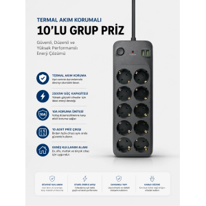 Termal Akım Korumalı Usb Type-c Girişli 10'lu Grup Priz 2500w Güç Kapasitesi (kopya)