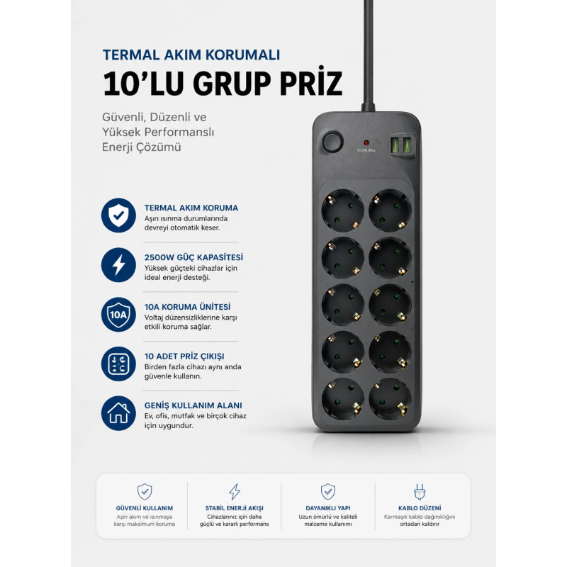 Termal Akım Korumalı Usb Type-c Girişli 10'lu Grup Priz 2500w Güç Kapasitesi (kopya) Termal Akım Korumalı Usb Type-c Girişli 10'lu Grup Priz 2500w Güç Kapasitesi (kopya)