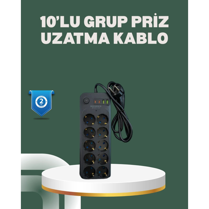 Termal Koruma Sistemli Usb Type-c 10’lu Grup Priz 2m 2500w Güç Kapasiteli