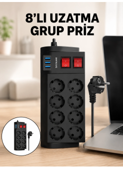 Termal Korumalı 8 Prizli 3 Usb’li Uzatma Kablosu Yeni Nesil