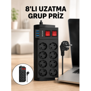 Termal Korumalı 8 Prizli 3 Usb’li Uzatma Kablosu Yeni Nesil