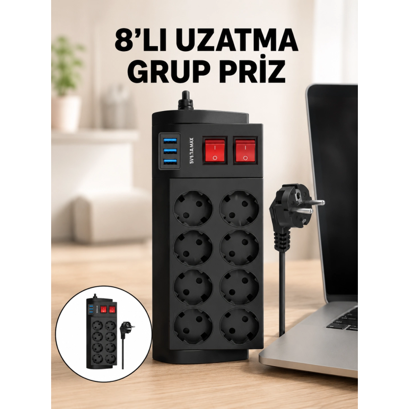 Termal Korumalı 8 Prizli 3 Usb’li Uzatma Kablosu Yeni Nesil Termal Korumalı 8 Prizli 3 Usb’li Uzatma Kablosu Yeni Nesil