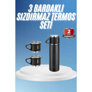 Termos Paslanmaz Çelik Termos Siyah Renk 3 Bardaklı Termos Seti