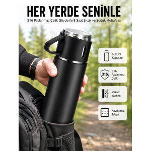 Termos Seti 3lü Bardak Seti Isı Dayanıklı Siyah Paslanmaz Çelik Vakumlu