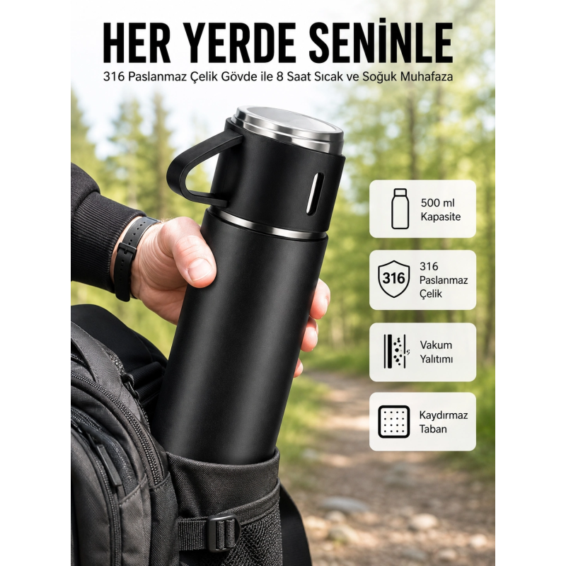 Termos Seti 3lü Bardak Seti Isı Dayanıklı Siyah Paslanmaz Çelik Vakumlu Termos Seti 3lü Bardak Seti Isı Dayanıklı Siyah Paslanmaz Çelik Vakumlu