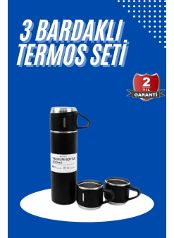 Termos Seti 3'lü Bardak Seti Isı Dayanıklı Siyah Paslanmaz Çelik Vakumlu